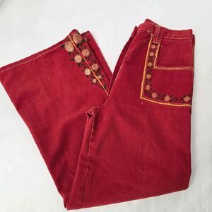 VTG 1970's Red Denim White Stitch Bell Bottoms Flared Jeans Embroidered RARE